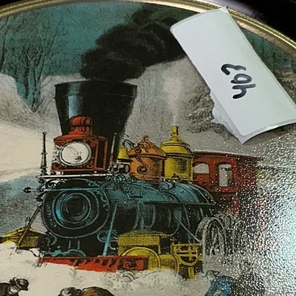Vintage‎ Currier & Ives Snow Bound Railroad Scene Large Round Cookie Tin 10.5
